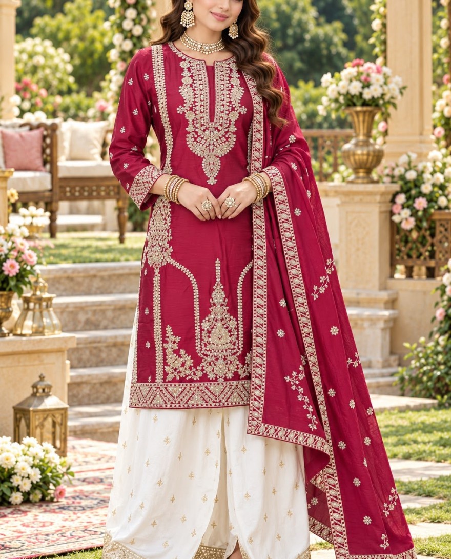 2206 - Maroon Chinon Embroidered Work Ceremonial Palazzo Salwar Suit
